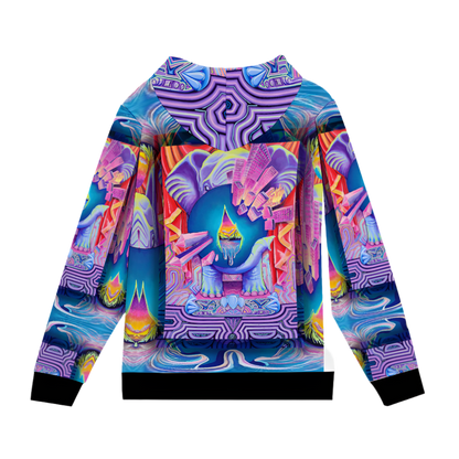 Colorful elephant hoodie with abstract design on a white background