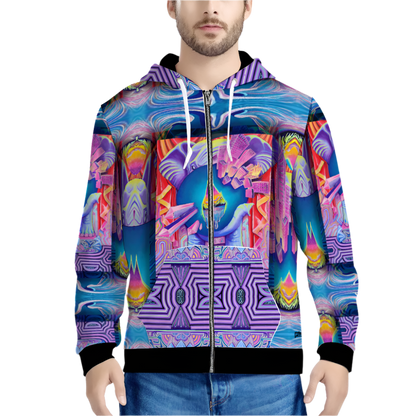 Person wearing a colorful, patterned hoodie with an elephant on it, on a white background