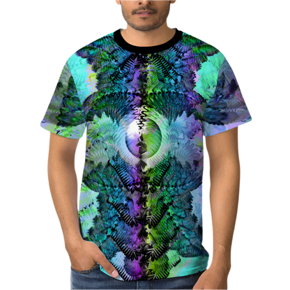 blue and green polyester t-shirt