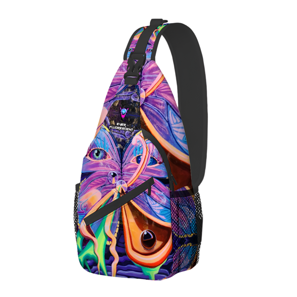 Colorful sling bag with butterfly design on a white background