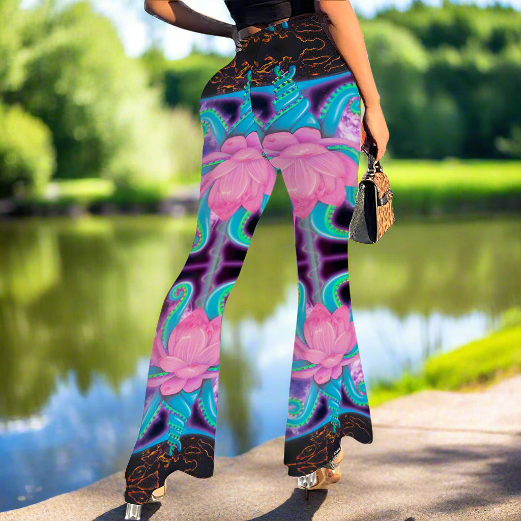 Lotus Print Stretch Bell Bottom Flare Pants