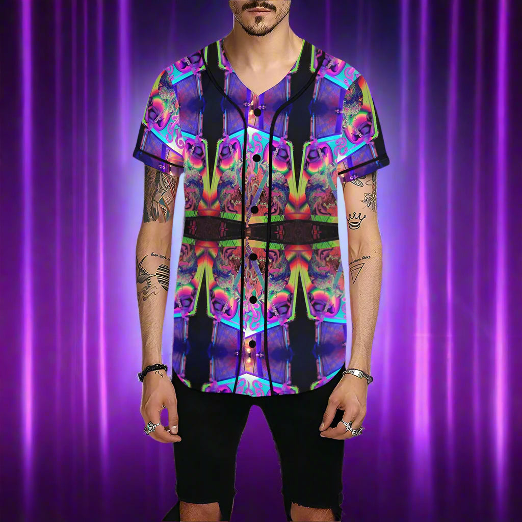 A person wearing a short-sleeved baseball jersey with a colorful geometric pattern.