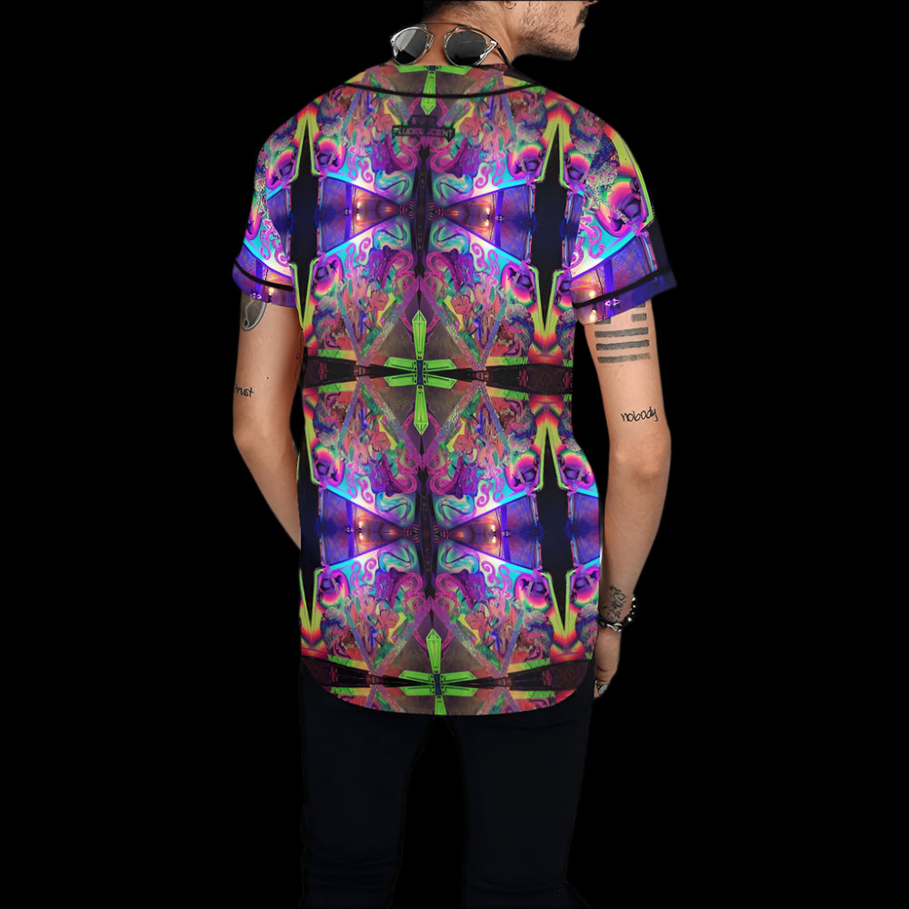 a man wearing a psychedelic baseball jersey