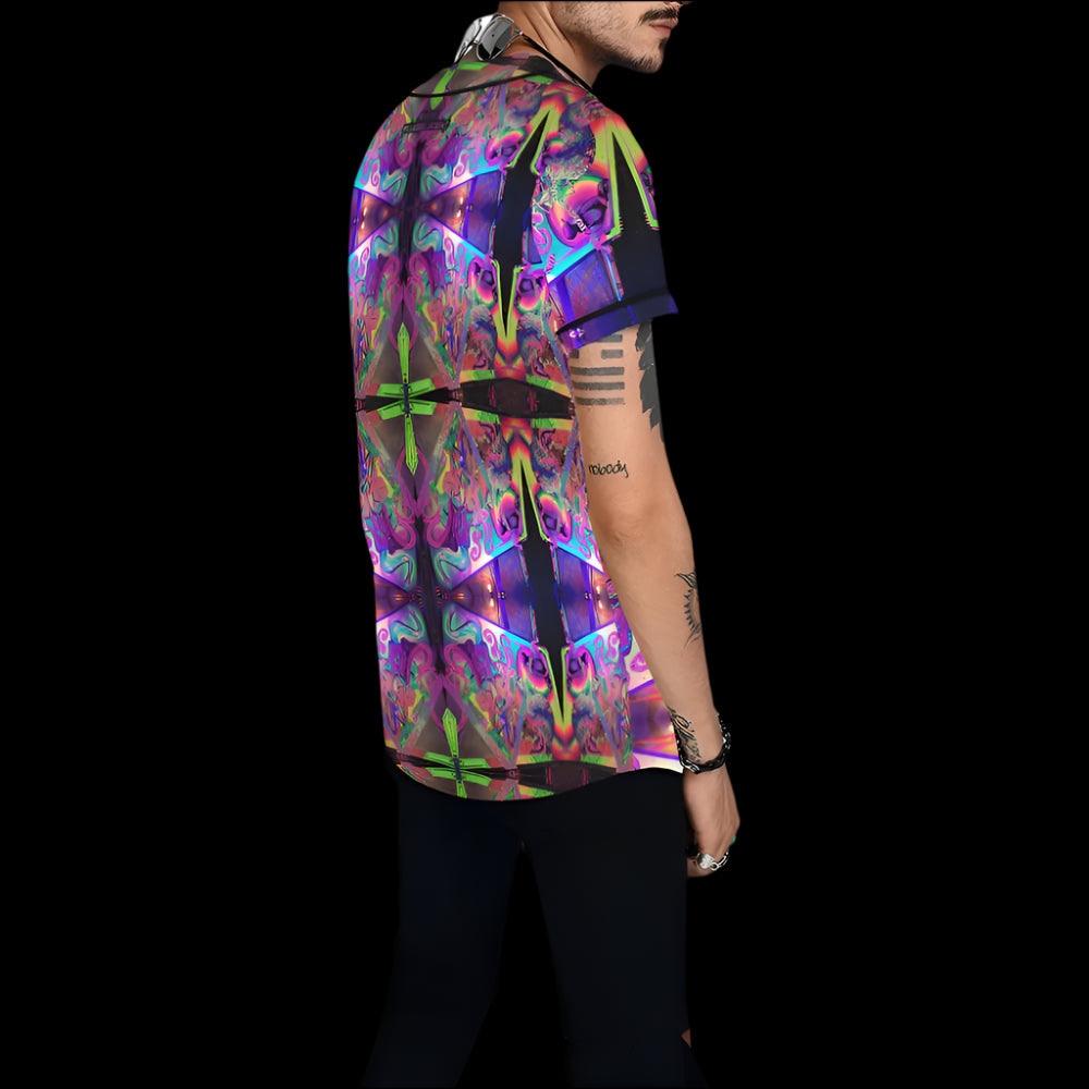 side view of man wearing a psychedelic baseball jersey