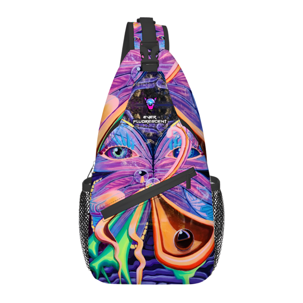 Colorful sling bag with butterfly design on a white background