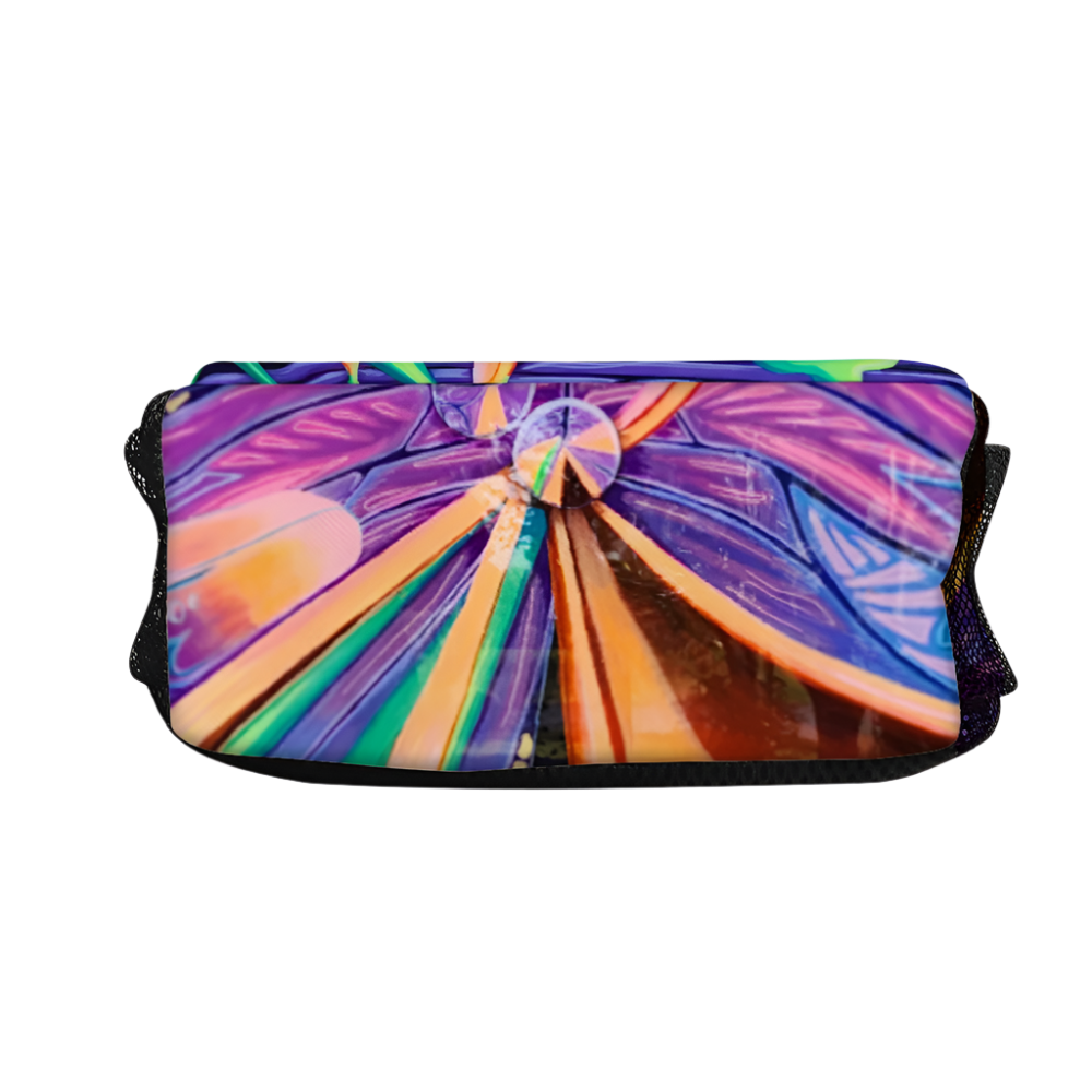 Colorful abstract design on a pouch with a white background