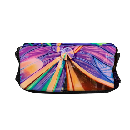 Colorful abstract design on a pouch with a white background