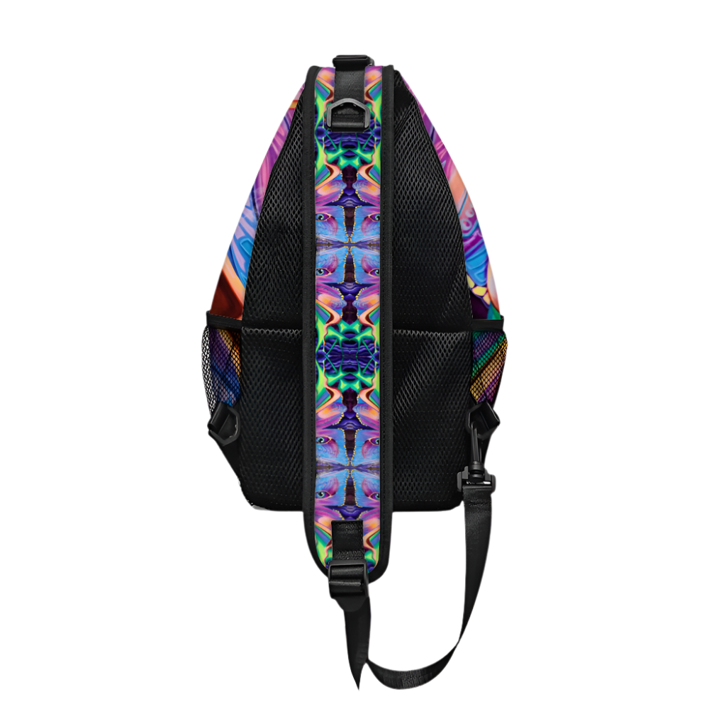 Multicolored patterned backpack on a white background