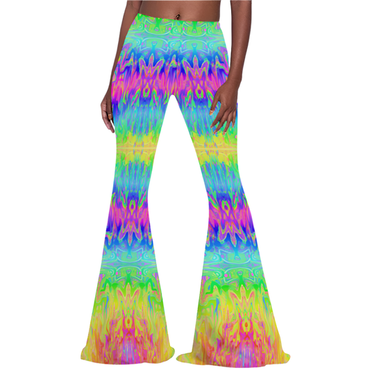 Colorful tie-dye bell-bottom pants on a white background