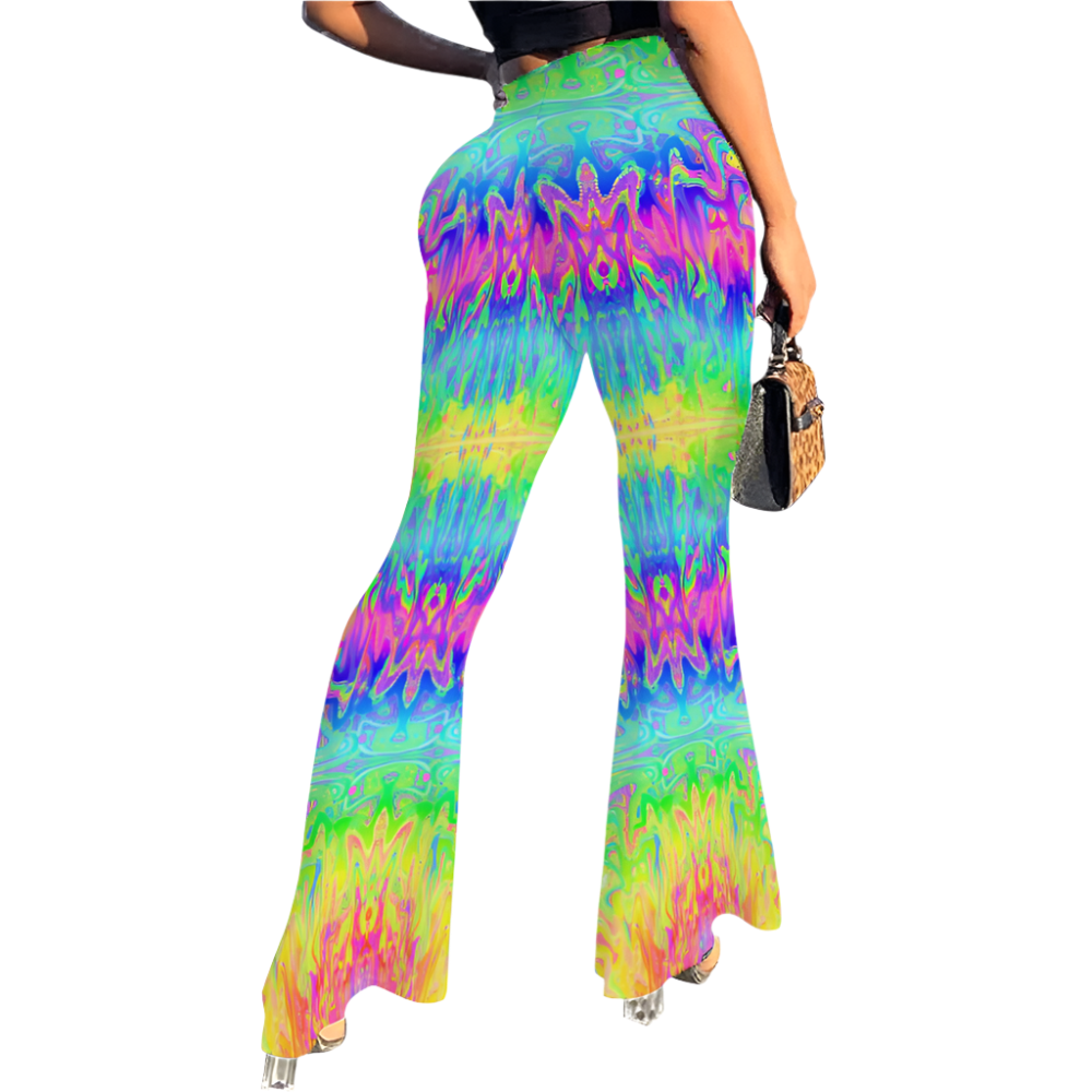 Colorful tie-dye pants worn by a person on a white background