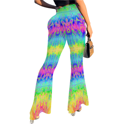 Colorful tie-dye pants worn by a person on a white background