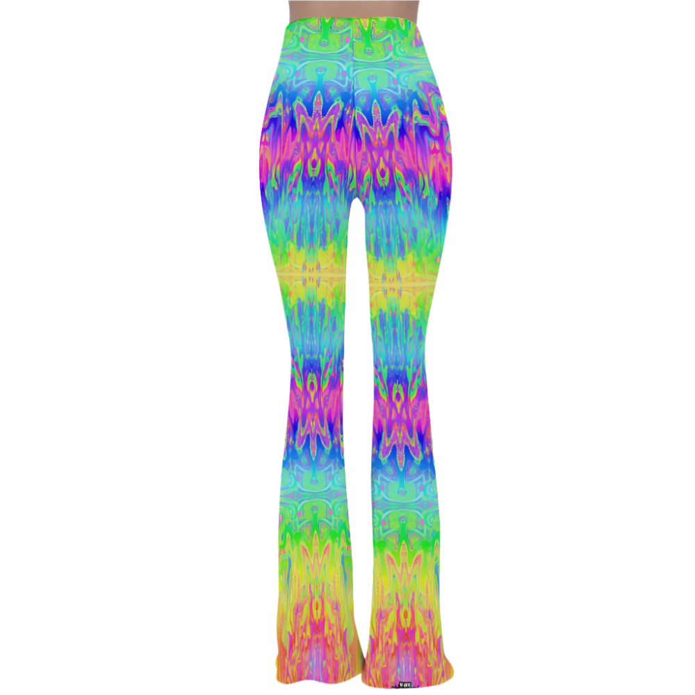 Colorful tie-dye flared pants on a white background