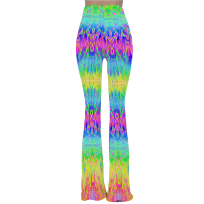 Colorful tie-dye flared pants on a white background