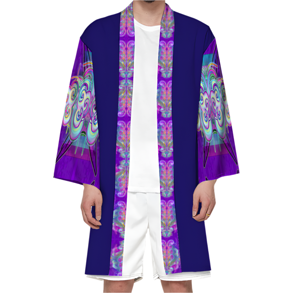 Person wearing a vibrant purple robe with colorful patterns on a white background
