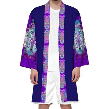 Person wearing a vibrant purple robe with colorful patterns on a white background