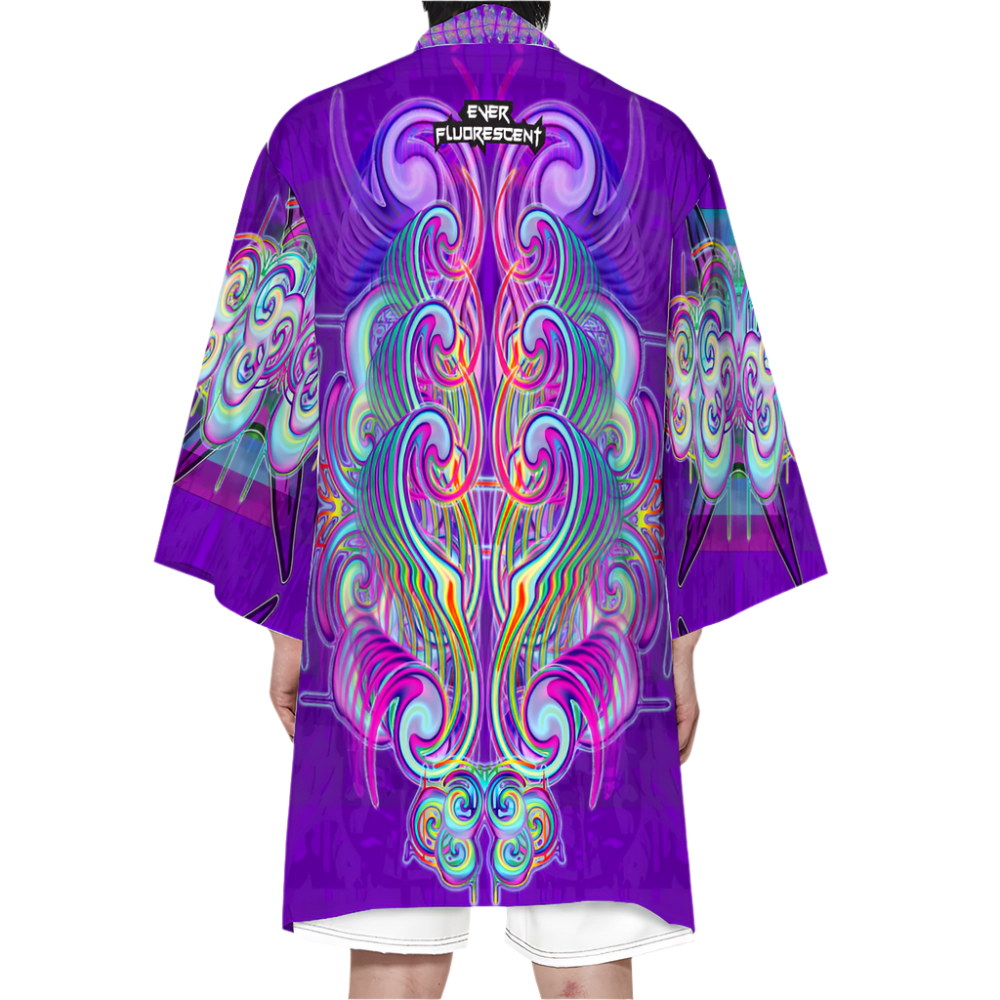 Colorful kimono-style garment with intricate patterns on a white background