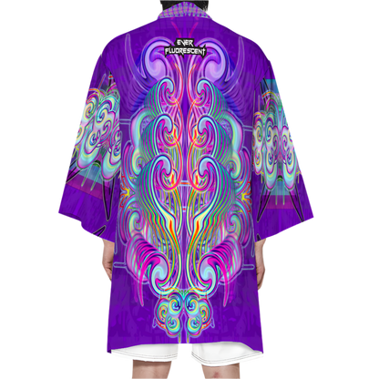 Colorful kimono-style garment with intricate patterns on a white background
