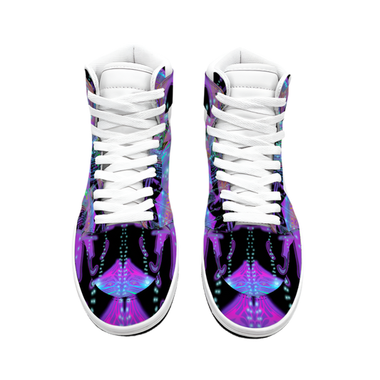High-top sneakers with a colorful abstract design on a white background