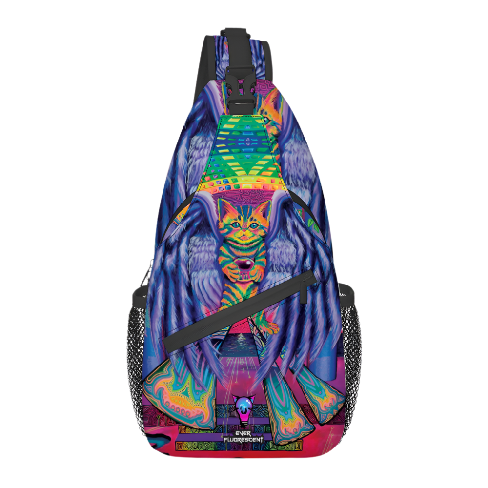 Colorful sling bag with abstract design on a white background