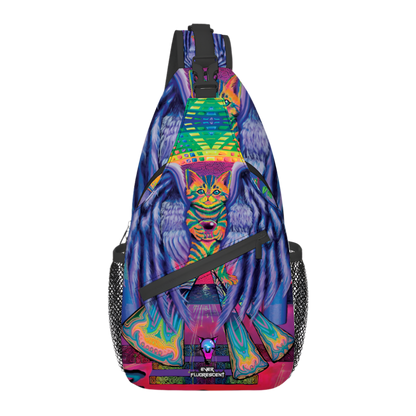 Colorful sling bag with abstract design on a white background