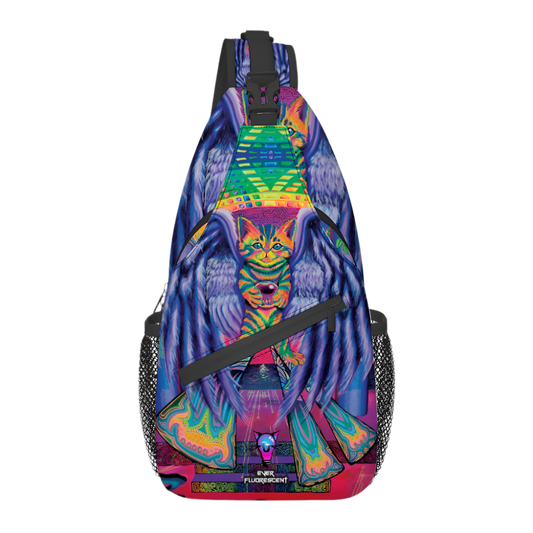 Colorful sling bag with abstract design on a white background