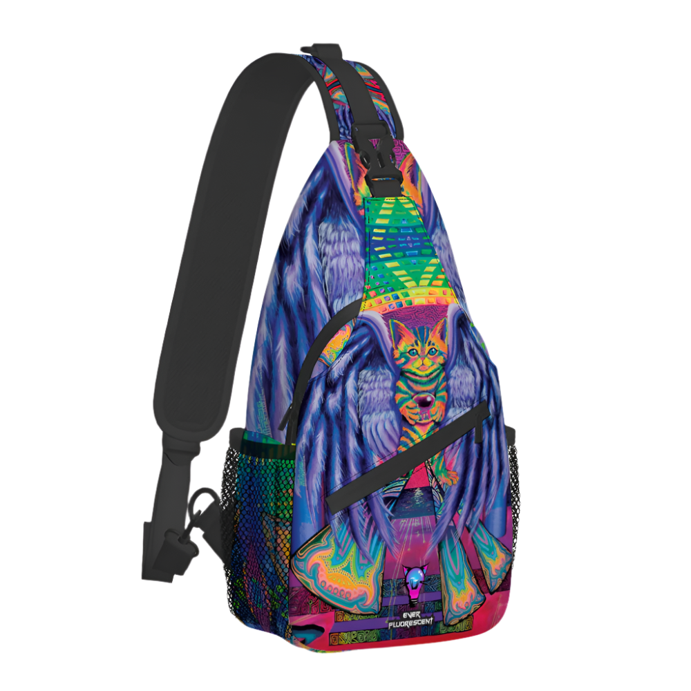 Colorful sling bag with a cat design on a white background