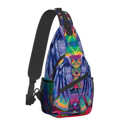 Colorful sling bag with a cat design on a white background