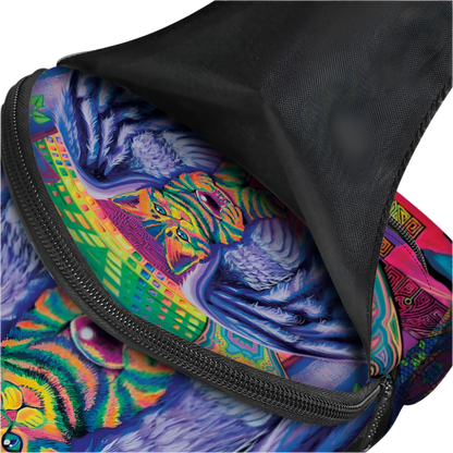 Colorful psychedelic design inside a black bag