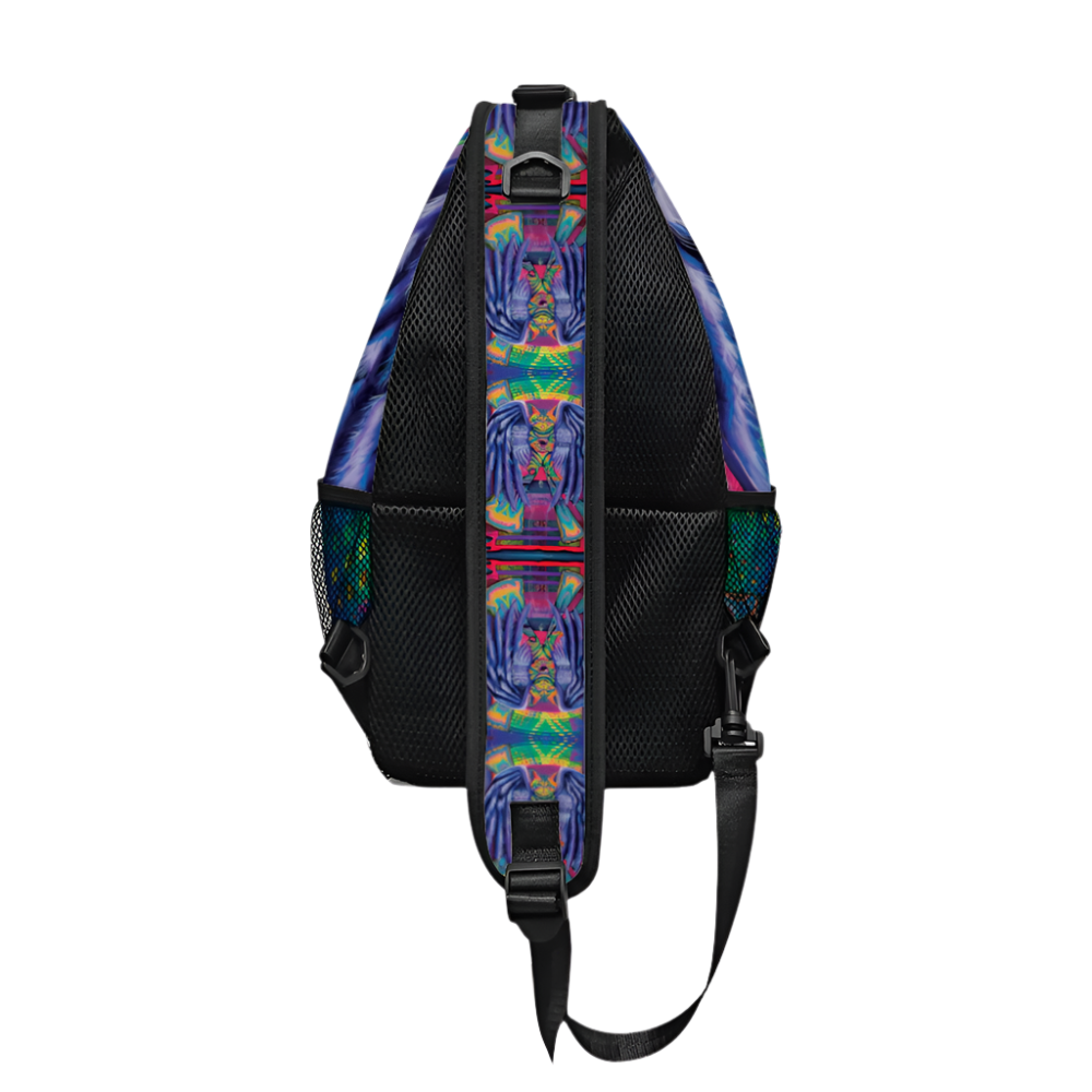 Backpack with tie-dye pattern on straps against a white background