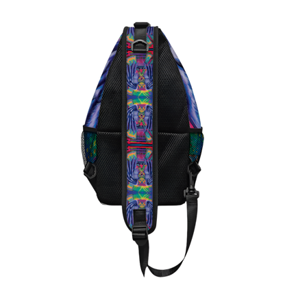 Backpack with tie-dye pattern on straps against a white background