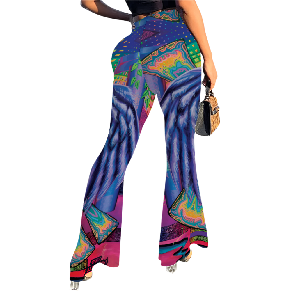 Colorful patterned pants worn by a person on a white background