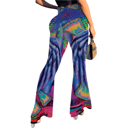Colorful patterned pants worn by a person on a white background