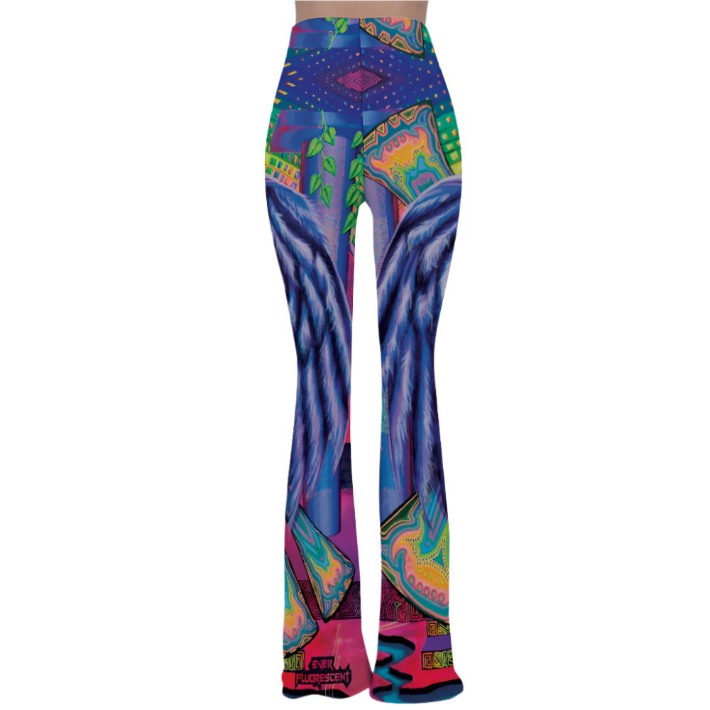 colorful flare bell bottoms with a rainbow design and wings