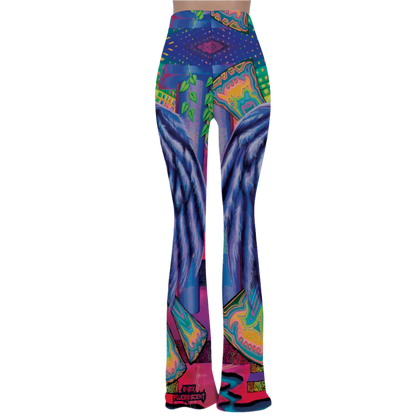 colorful flare bell bottoms with a rainbow design and wings