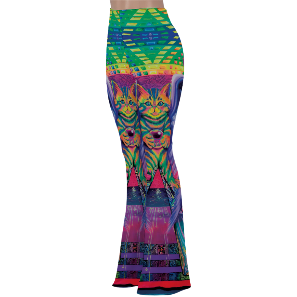 colorful yoga pants with a rainbow cat design on them
